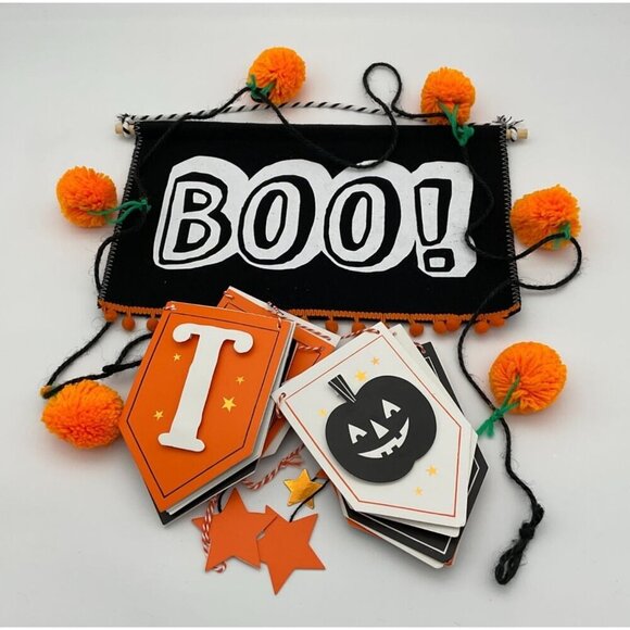 Halloween Boo! Banner & Trick or Treat Garland with Orange Pom Accents Set - Picture 1 of 6
